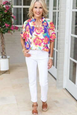 Hot Dear-Lover Floral Split Neck Frilled Bubble Sleeve Blouse Rose Red