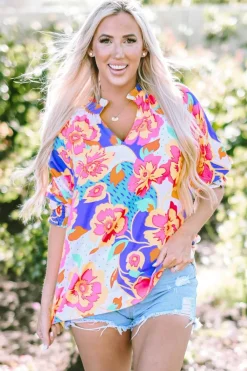 Hot Dear-Lover Floral Split Neck Frilled Bubble Sleeve Blouse Rose Red