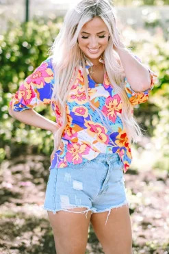 Hot Dear-Lover Floral Split Neck Frilled Bubble Sleeve Blouse Rose Red