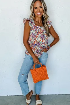 Best Dear-Lover Floral Square Neck Flutter Tank Top Rose Red