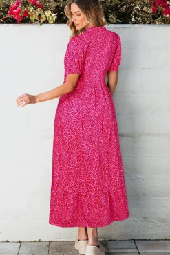 Fashion Dear-Lover Flower Mock Neck Puff Sleeve Tiered Maxi Dress Rose Red