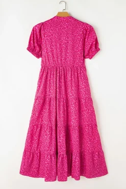Fashion Dear-Lover Flower Mock Neck Puff Sleeve Tiered Maxi Dress Rose Red