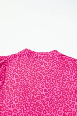 Fashion Dear-Lover Flower Mock Neck Puff Sleeve Tiered Maxi Dress Rose Red