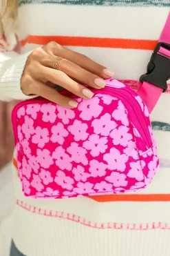 Discount Dear-Lover Flower Print Wide Belt Buckle Zipper Crossbody Bag Rose Red