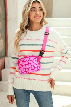 Discount Dear-Lover Flower Print Wide Belt Buckle Zipper Crossbody Bag Rose Red