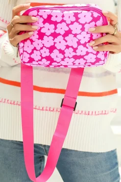 Discount Dear-Lover Flower Print Wide Belt Buckle Zipper Crossbody Bag Rose Red
