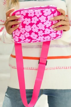 Discount Dear-Lover Flower Print Wide Belt Buckle Zipper Crossbody Bag Rose Red