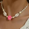 Fashion Dear-Lover Flower Seashell Braided Choker Necklace Rose Red