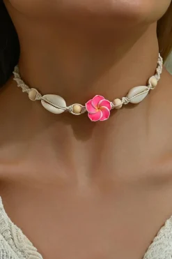 Fashion Dear-Lover Flower Seashell Braided Choker Necklace Rose Red