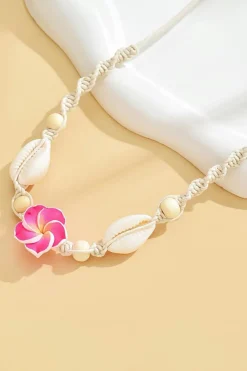 Fashion Dear-Lover Flower Seashell Braided Choker Necklace Rose Red