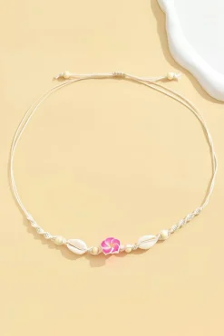 Fashion Dear-Lover Flower Seashell Braided Choker Necklace Rose Red