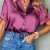 Hot Dear-Lover Fold Cuffs Short Sleeve Satin Shirt Rose Red