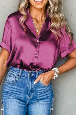 Hot Dear-Lover Fold Cuffs Short Sleeve Satin Shirt Rose Red