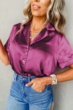 Hot Dear-Lover Fold Cuffs Short Sleeve Satin Shirt Rose Red