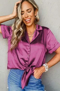 Hot Dear-Lover Fold Cuffs Short Sleeve Satin Shirt Rose Red