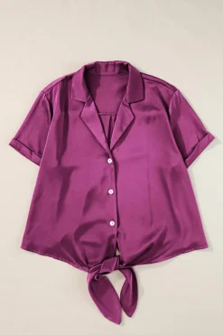 Hot Dear-Lover Fold Cuffs Short Sleeve Satin Shirt Rose Red