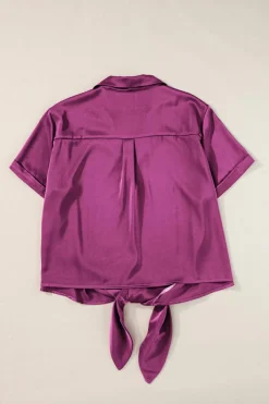 Hot Dear-Lover Fold Cuffs Short Sleeve Satin Shirt Rose Red