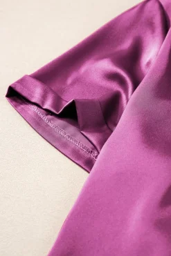 Hot Dear-Lover Fold Cuffs Short Sleeve Satin Shirt Rose Red