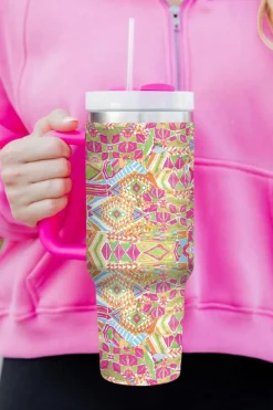 Fashion Dear-Lover Geometric Print Stainless Steel Large Vacuum Cup 40oz Rose Red