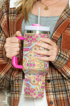 Fashion Dear-Lover Geometric Print Stainless Steel Large Vacuum Cup 40oz Rose Red