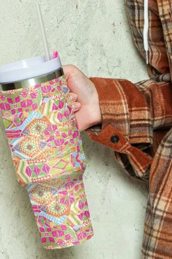 Fashion Dear-Lover Geometric Print Stainless Steel Large Vacuum Cup 40oz Rose Red