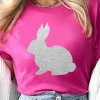 Outlet Dear-Lover Glitter Easter Bunny Graphic Crew Neck Tee Rose Red