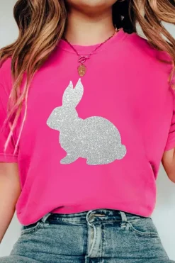 Outlet Dear-Lover Glitter Easter Bunny Graphic Crew Neck Tee Rose Red