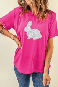 Outlet Dear-Lover Glitter Easter Bunny Graphic Crew Neck Tee Rose Red