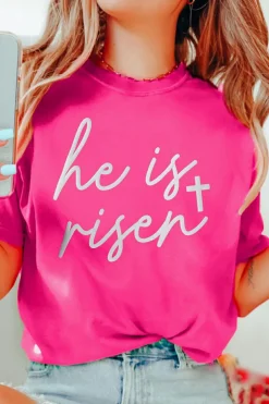 New Dear-Lover Glitter he is risen Cross Printed Crewneck Tee Rose Red