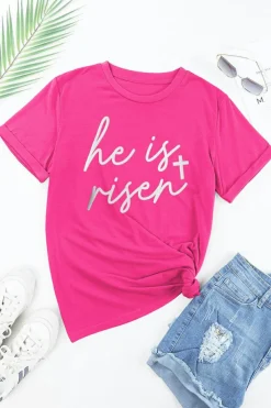 New Dear-Lover Glitter he is risen Cross Printed Crewneck Tee Rose Red