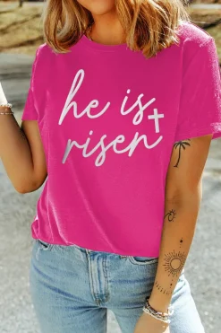 New Dear-Lover Glitter he is risen Cross Printed Crewneck Tee Rose Red