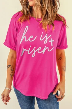 New Dear-Lover Glitter he is risen Cross Printed Crewneck Tee Rose Red