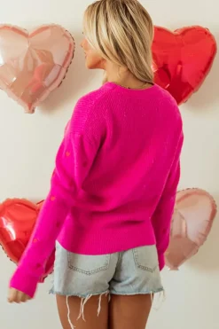 New Dear-Lover Heart Shape Drop Shoulder Round Neck Sweater Rose Red