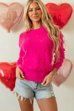 New Dear-Lover Heart Shape Drop Shoulder Round Neck Sweater Rose Red