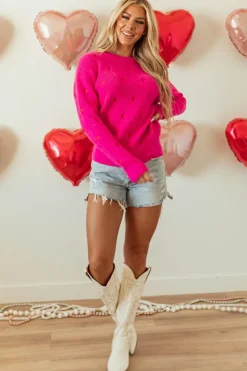 New Dear-Lover Heart Shape Drop Shoulder Round Neck Sweater Rose Red