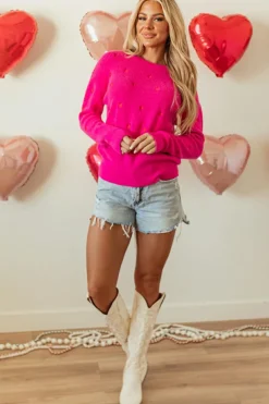 New Dear-Lover Heart Shape Drop Shoulder Round Neck Sweater Rose Red