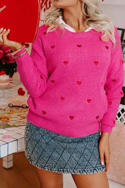 New Dear-Lover Heart Shape Drop Shoulder Round Neck Sweater Rose Red