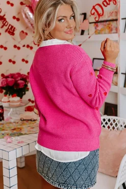 New Dear-Lover Heart Shape Drop Shoulder Round Neck Sweater Rose Red