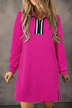 New Dear-Lover Jacquard Textured Quarter Zipper Shift Mini Dress Rose Red