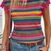 Fashion Dear-Lover Jacquard Textured Tasseled Cap Sleeve Top Rose Red