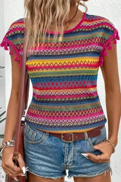 Fashion Dear-Lover Jacquard Textured Tasseled Cap Sleeve Top Rose Red
