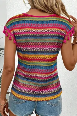 Fashion Dear-Lover Jacquard Textured Tasseled Cap Sleeve Top Rose Red