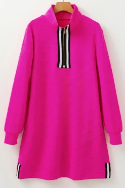 New Dear-Lover Jacquard Textured Quarter Zipper Shift Mini Dress Rose Red
