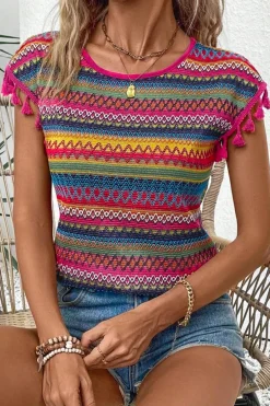 Fashion Dear-Lover Jacquard Textured Tasseled Cap Sleeve Top Rose Red