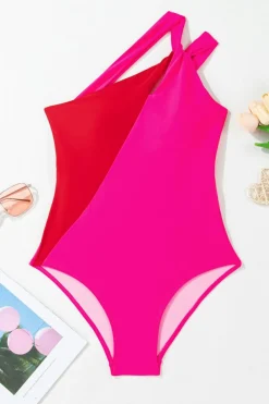 Clearance Dear-Lover Knotted One Shoulder Two Tones Backless One Piece Swimsuit Rose Red