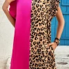 Online Dear-Lover Leopard Contrast Patchwork Ruffled Sleeve Short Shift Dress Rose Red