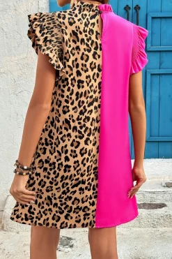 Online Dear-Lover Leopard Contrast Patchwork Ruffled Sleeve Short Shift Dress Rose Red