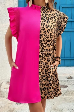 Online Dear-Lover Leopard Contrast Patchwork Ruffled Sleeve Short Shift Dress Rose Red