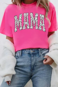 Best Dear-Lover Leopard MAMA Printed Crewneck Tee Rose Red