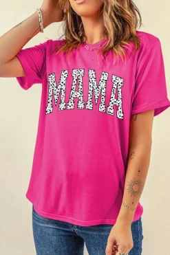 Best Dear-Lover Leopard MAMA Printed Crewneck Tee Rose Red
